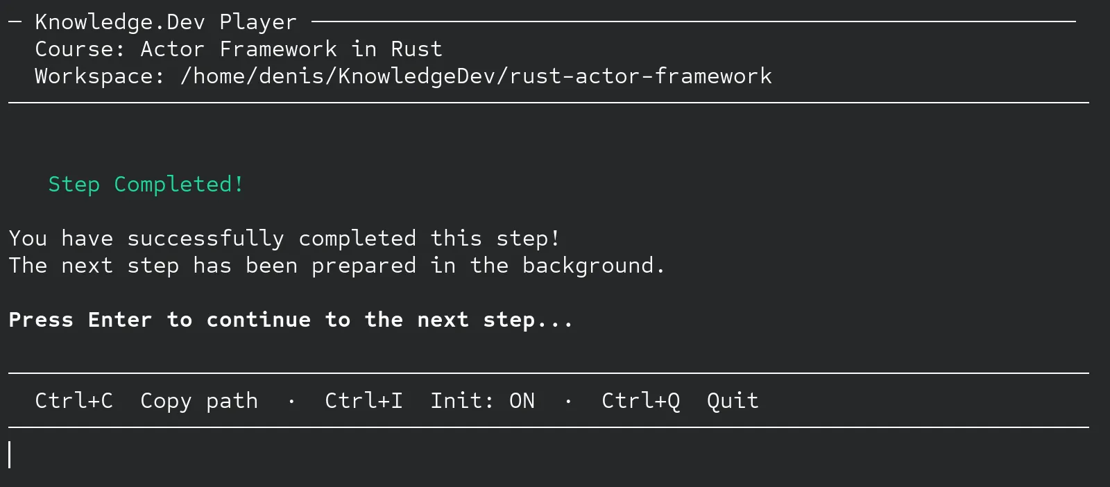 SCREENSHOT: Player TUI in terminal — step info, task checklist, progress bar