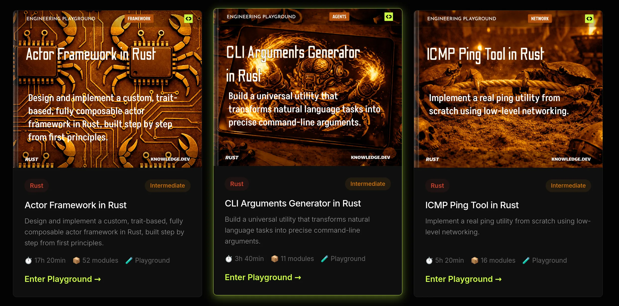 SCREENSHOT: Playground catalog page with course cards — actor framework, perceptron, link shortener etc.