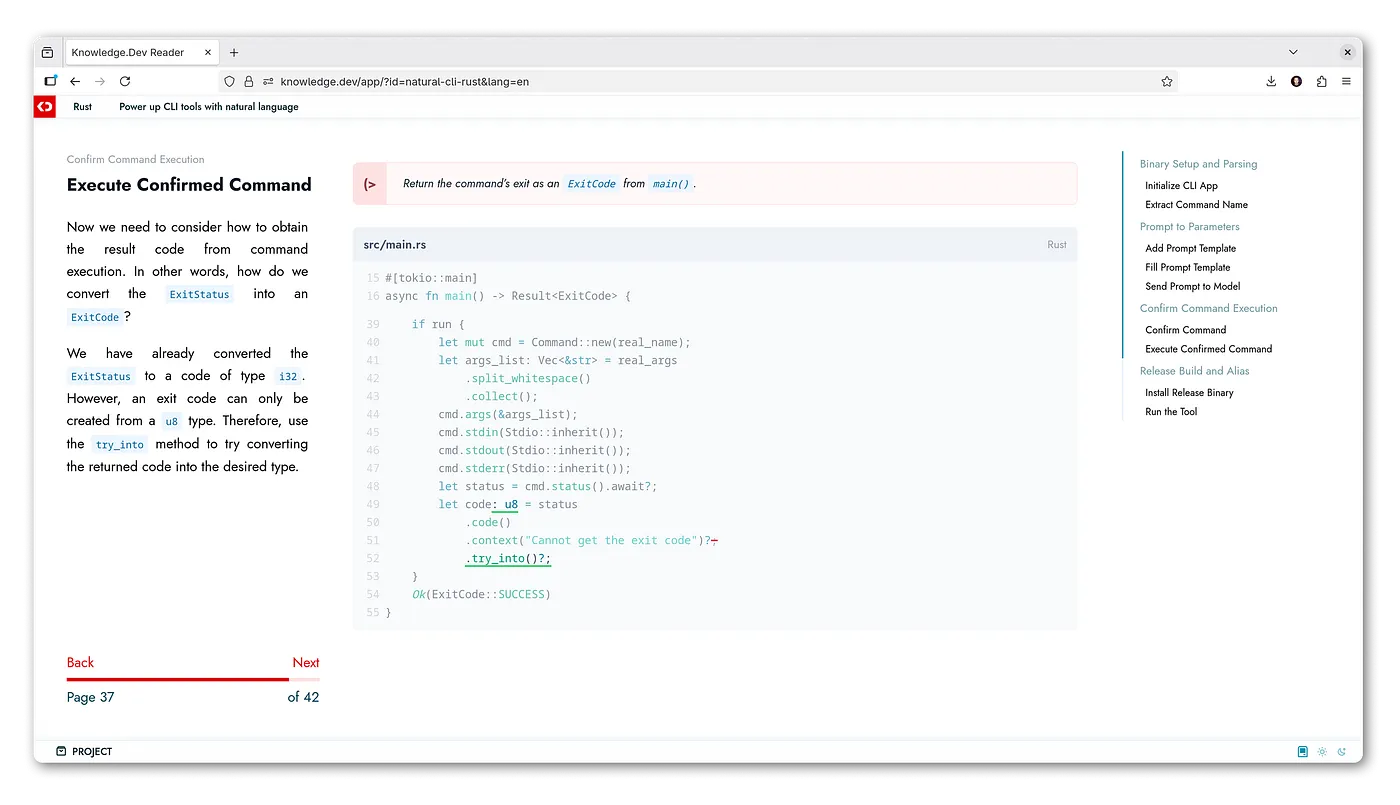 Interactive book reader with code diffs and step-by-step navigation